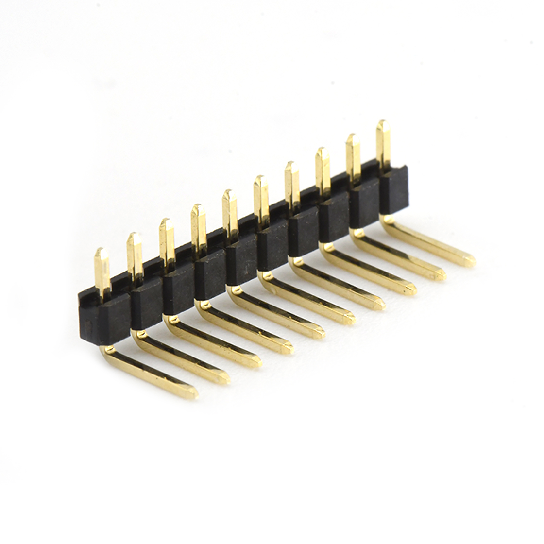 Pitch 2.54mm 90° 单排 DIP 单塑排针 弯平面 PC :6.0MM 10Pin 黑色 镀全金G/F